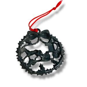 Vintage Christmas Ornament Pewter Wreath Horse Buggy 2.6"